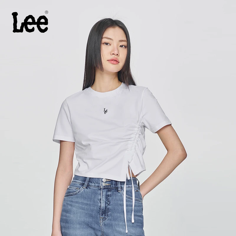 Lee商场同款25夏季舒适版圆领抽绳设计白色女短袖T恤潮K14000