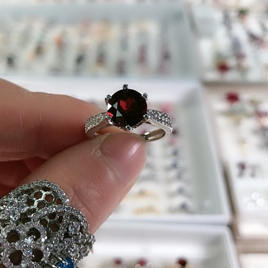 戒指石榴石银S925镶嵌