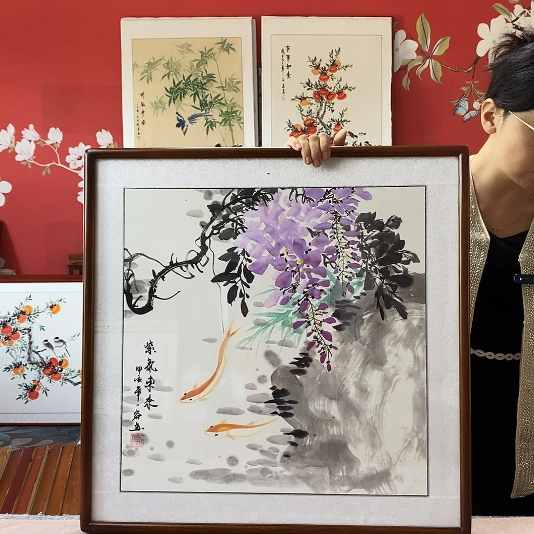 国画手写手绘带框包邮国画作品62✖️62