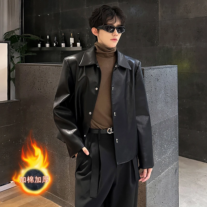 复古黑色雅痞机车皮衣外套男秋冬垫肩加棉加厚韩版翻领皮夹克上衣