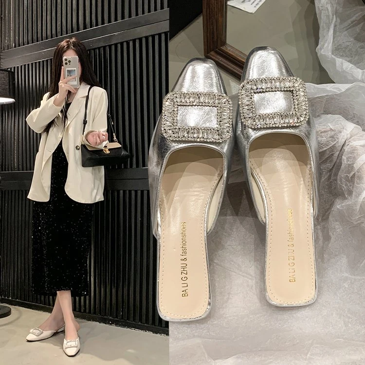 包头拖鞋女外穿2025春夏新款网红时尚水钻方扣凉拖鞋浅口粗跟