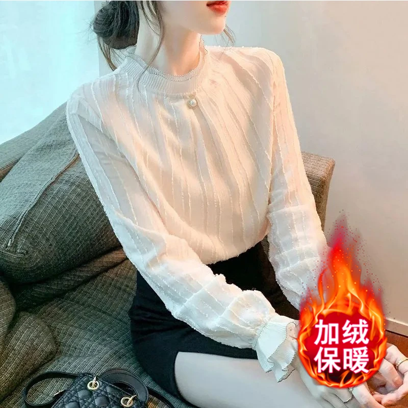 雪纺衫蕾丝衫上衣加绒加厚韩版拼接蕾丝打底衫洋气气质小衫