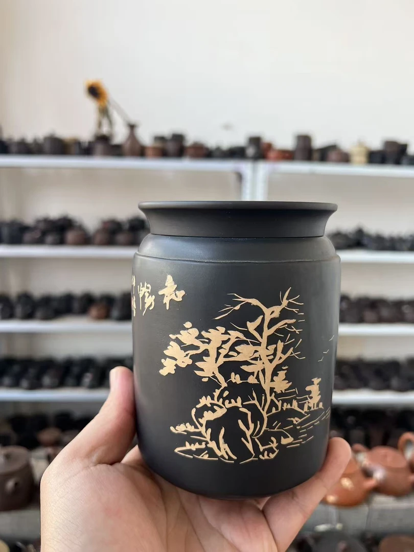 建水紫陶  刻填茶叶罐 100克 特价