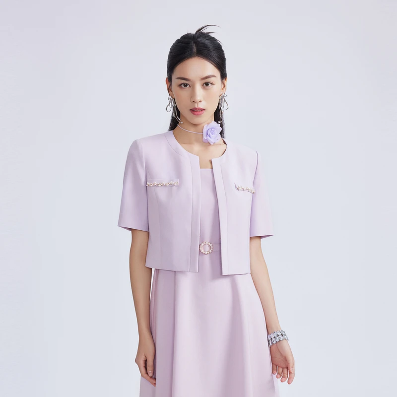 【专柜同款】梭织小香风粗花呢短截气质轻奢显白醋酸淡紫色上衣