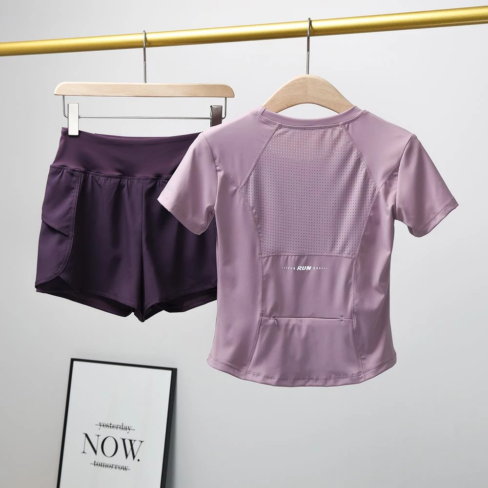 跑步运动套装女马拉松专业训练健身服网孔透气短袖夏季瑜伽服短裤
