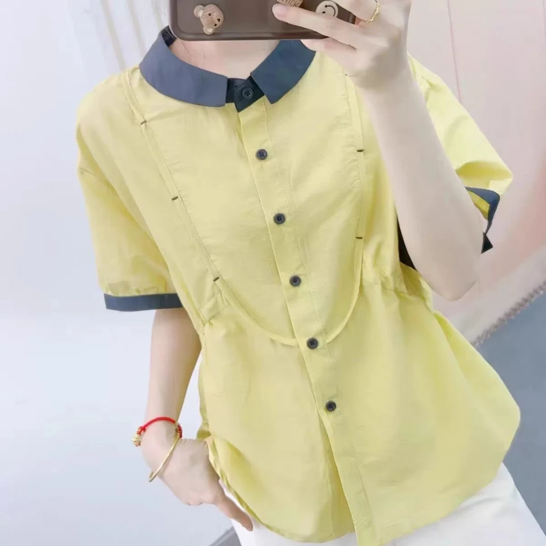 褶皱休闲风娃娃领夏季宽松型衬衫收腰百搭女装减龄时尚显瘦