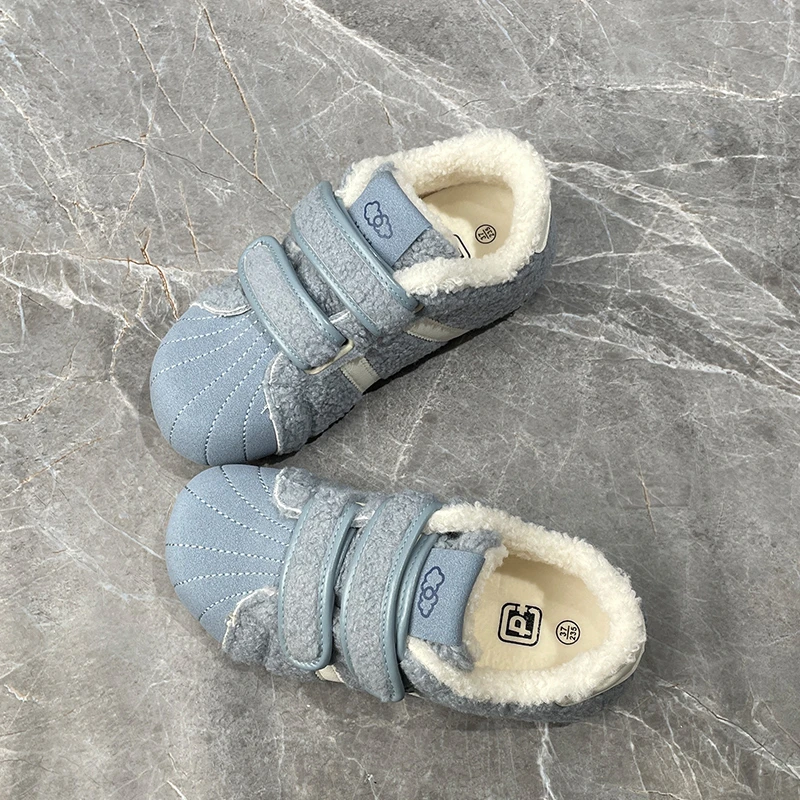 蓝色贝壳头保暖复古德训鞋子女款2025冬季新款休闲加绒板鞋二棉鞋