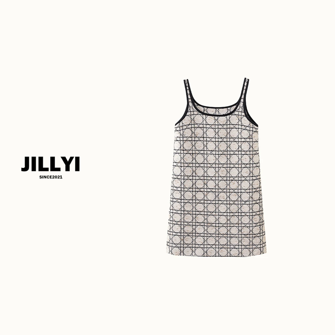JILLYI南山店【菱格舞曲】撞色菱格春夏季时尚百搭中长款吊带连衣裙