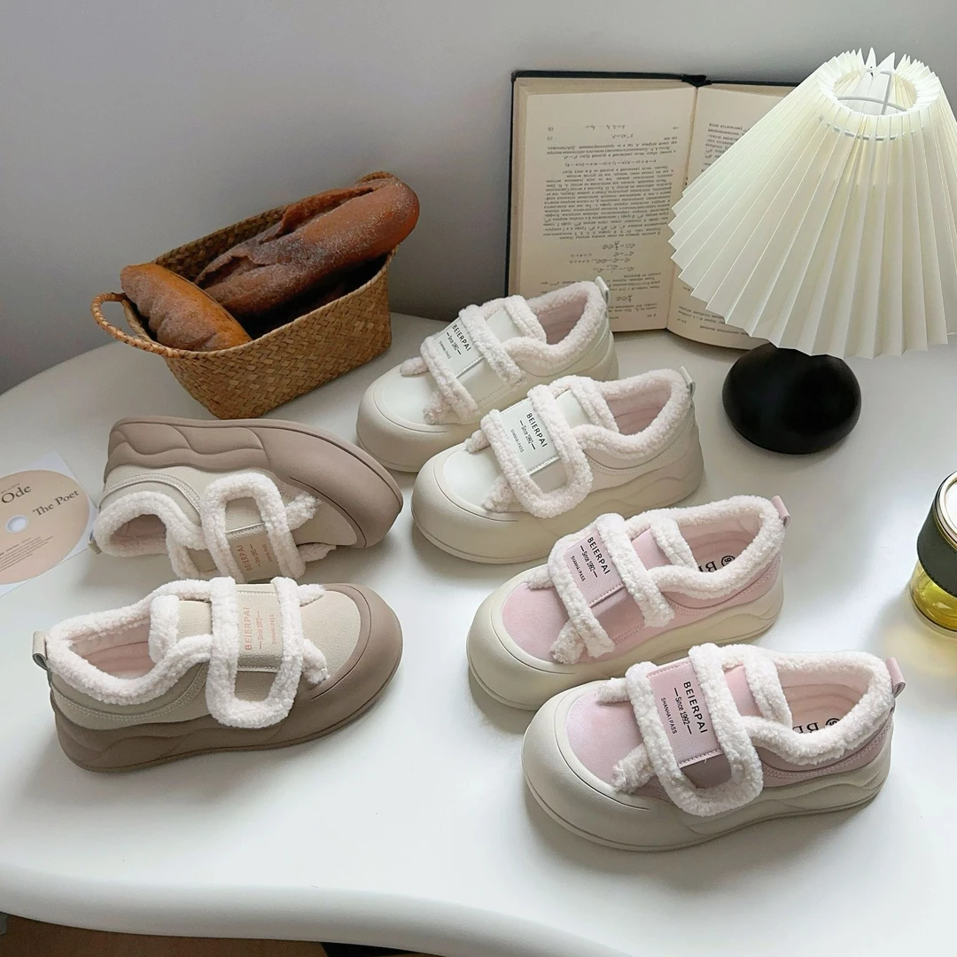 少女厚底魔术贴德训鞋女学生冬加绒保暖毛毛棉鞋老爹运动二棉鞋