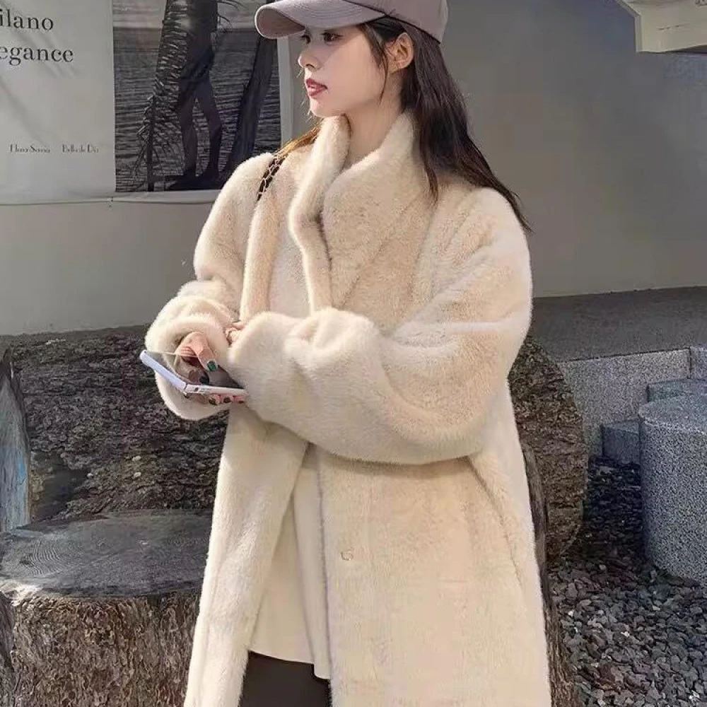 秋冬加厚款立领欧貂绒毛皮毛一体女外套大衣长款加长款韩版冬季