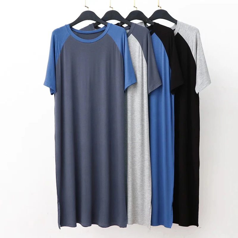 莫代尔男士短袖睡裙夏季薄款宽松大码拼接撞色休闲家居男款连衣裙