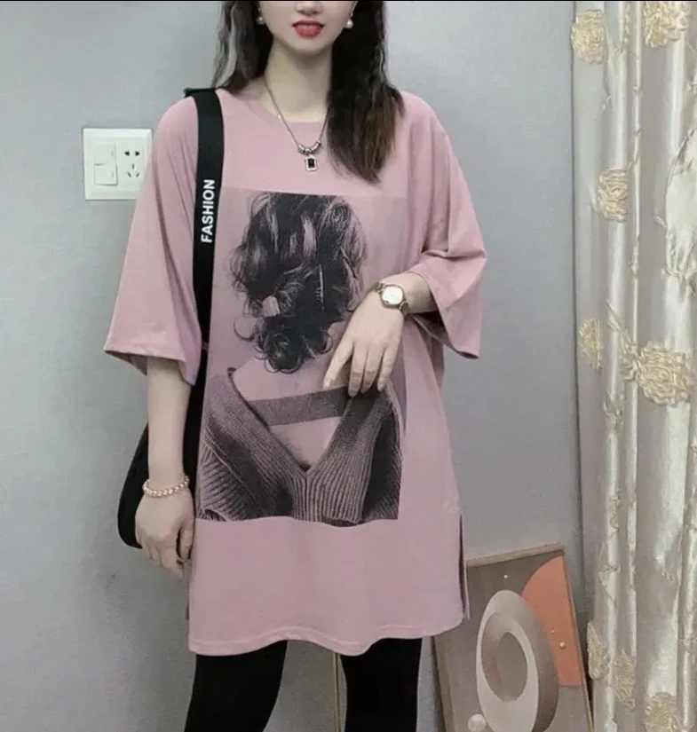 夏季新款短袖时尚女孩印花简约大码休闲ins小众圆领潮宽松显瘦T恤