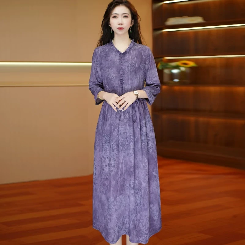 爆款小众妈妈中长款简约韩版2025大码收腰遮肉显瘦轻奢过膝连衣裙