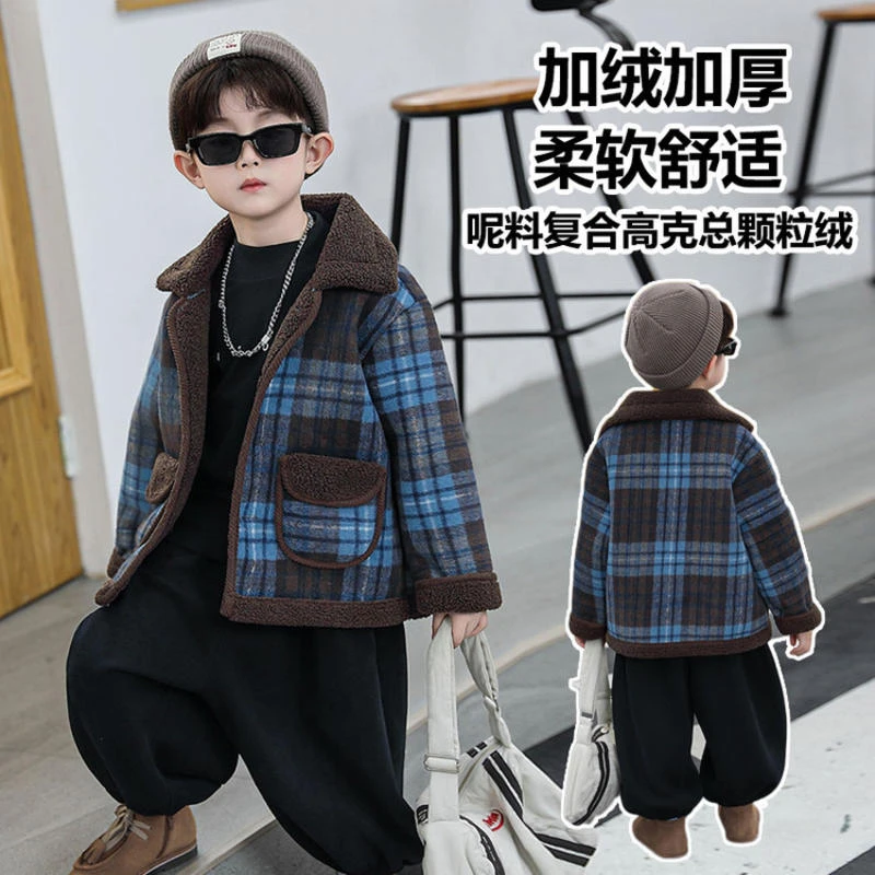男童冬装加绒蓝格呢子外套秋冬季儿童一体绒痞帅大衣中小童衣服潮