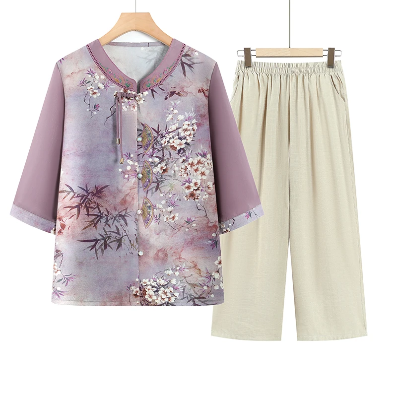 夏季妈妈装新中式夏装国风洋气套装2025新款中老年女中袖冰丝小衫