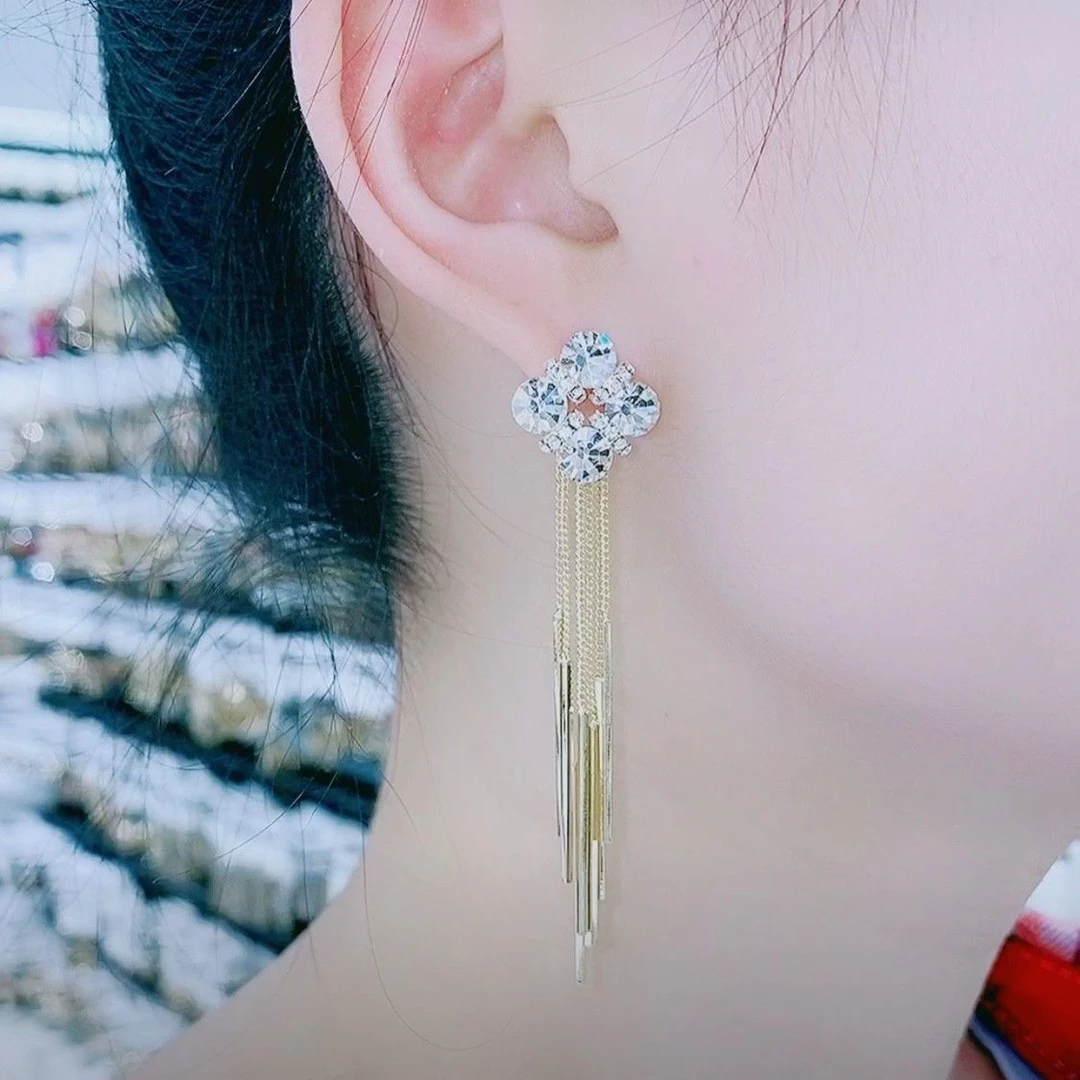 铜合金合成锆石耳饰 长款流苏气质百搭仙女风耳环