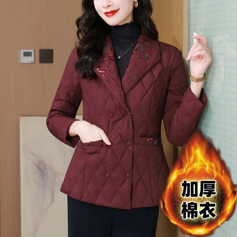 西装领刺绣双排扣棉服女2025冬新款保暖加厚棉衣