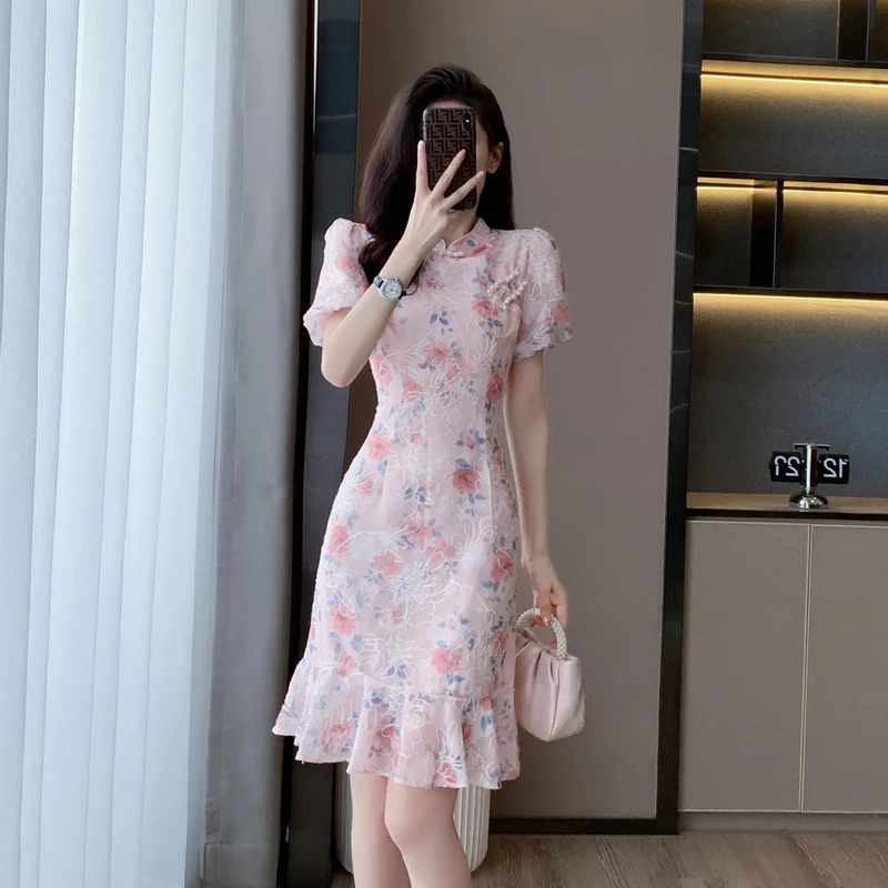 改良旗袍连衣裙女夏季新款修身高级感复古盘扣雪纺碎花女式鱼尾裙