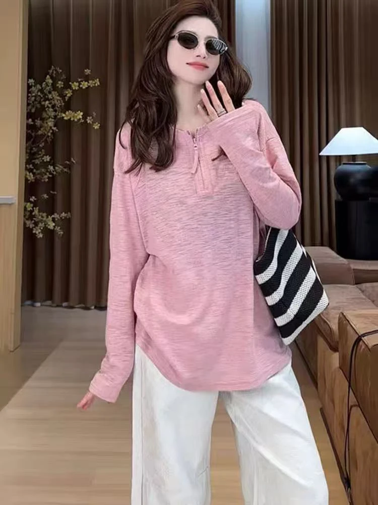 欧货粉色半拉链大版T恤女2025春夏款小众设计感防晒衫上衣9800
