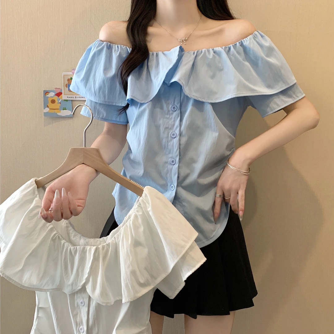 大码荷叶边蓝色短袖衬衫女夏季胖MM显瘦遮肚高级感收腰一字肩上衣