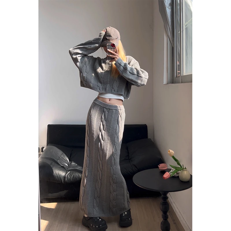 轻熟风小个子时尚两件套女修身显瘦针织衫长袖上衣高腰包臀半身裙