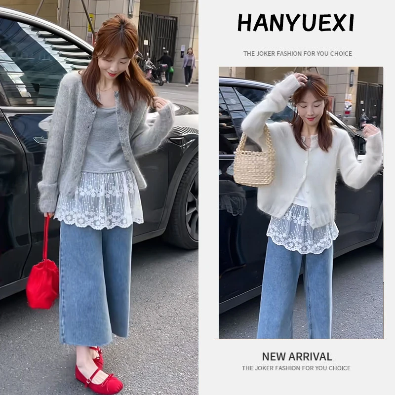 早春时尚一整套女装2025新款韩版吊带针织开衫牛仔阔腿裤三件套潮