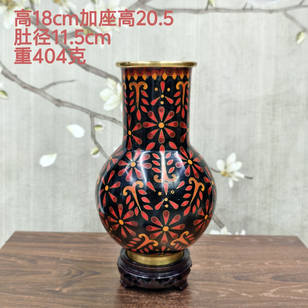 老货景泰蓝花瓶7英寸黑色厚积瓶铜胎掐丝珐琅家居摆件
