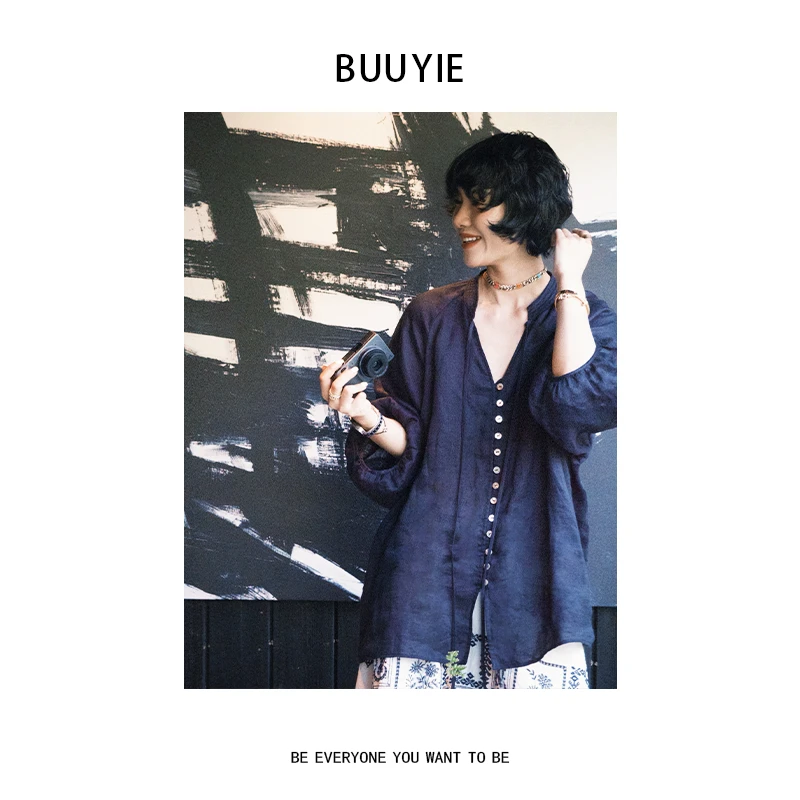 BUUYIE 25SS【海珥】文艺风慵懒感洋气百搭宝蓝衬衫 250508