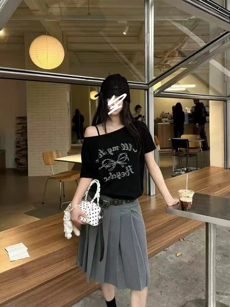 甜甜家微胖大码夏季斜肩短袖T恤蝴蝶结印花宽松露肩