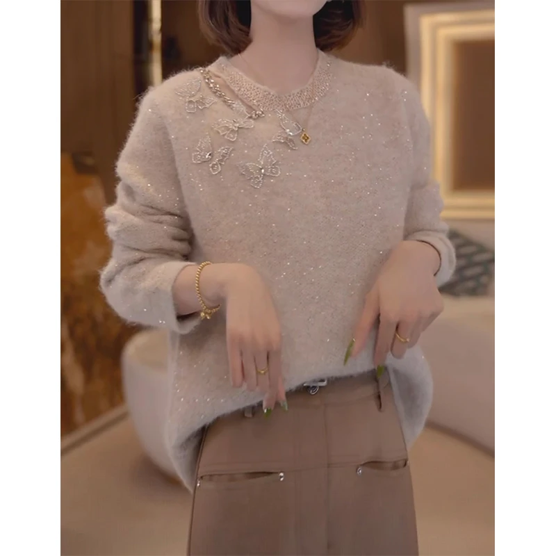 法式气质亮片立体蝴蝶长袖针织衫女2025秋冬新款高级感洋气上衣