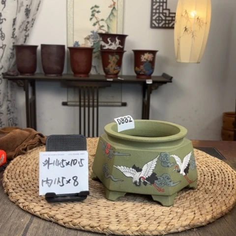 紫砂花盆果绿仙鹤井栏方