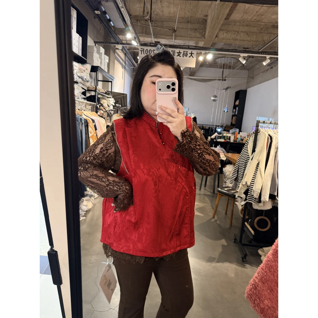 A4大码胖M新中式提花立领唐装马甲新年战袍飞飞袖斜襟上衣