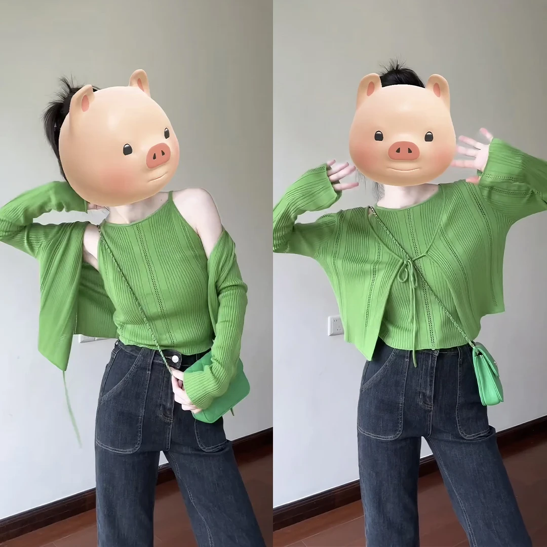 2025秋季穿搭一整套时尚甜美百搭修身显瘦吊带背心开衫裤子三件套