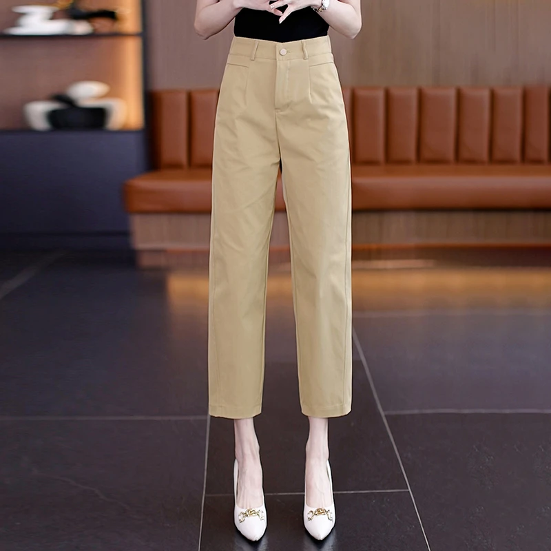 拉夏贝尔卡其色休闲直筒裤女夏季2025新款显瘦百搭西装哈伦裤子薄
