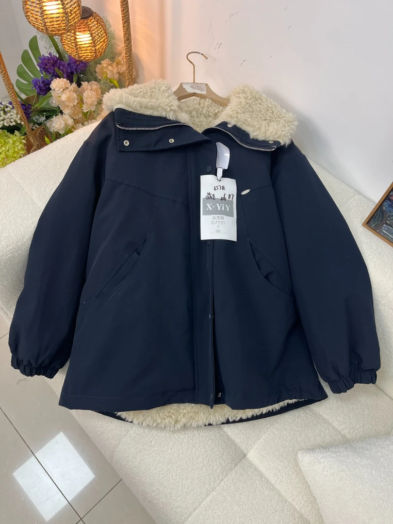 857区D7731藏蓝色女冬款中长款厚款拉链一等品派克服常规翻领