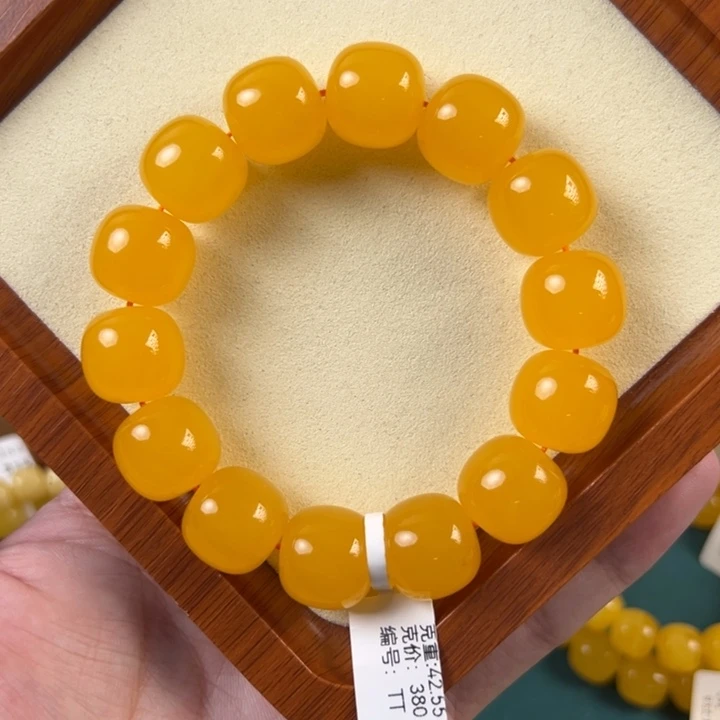 琥珀未镶嵌手链42.55g老型焦皮鸡油红同料顶红满蜡TT