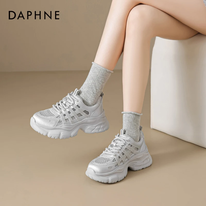 达芙妮网红爆款鞋子女2025秋季网面鞋厚底老爹鞋小个子增高小白鞋