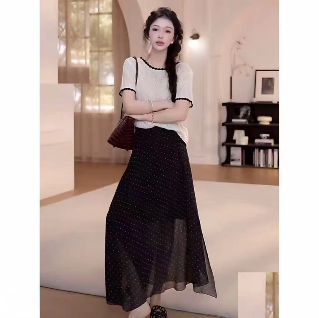 （松紧腰）夏季高腰休闲小波点纱裙长裙半身裙