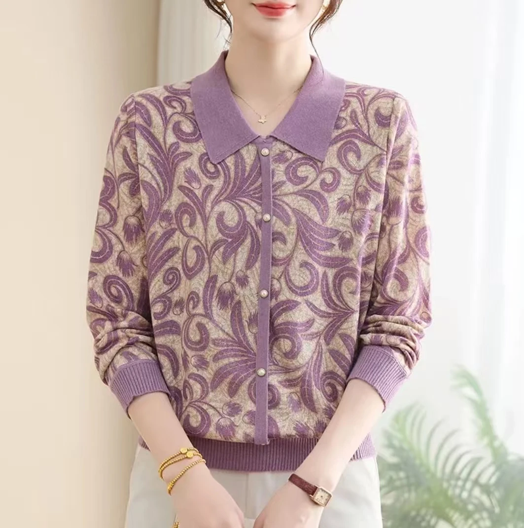 妈妈装小衫上衣妈妈装宽松中老年女装针织衫娃娃领打底衫秋装套装