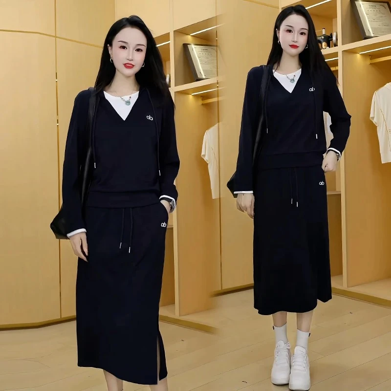 开叉半身裙两件套减龄假两件休闲运动套装2025年秋季时尚韩版宽松