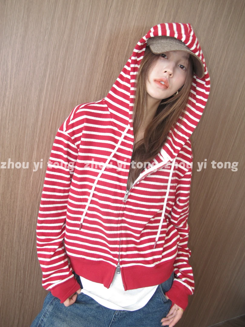 【条纹日记】设计感条纹拼接连帽卫衣美式休闲针织上衣ZYT31449