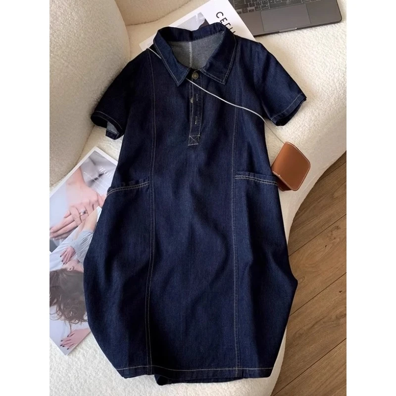 polo翻领休闲中长款牛仔短袖连衣裙女直筒A字裙小个子薄夏季2025