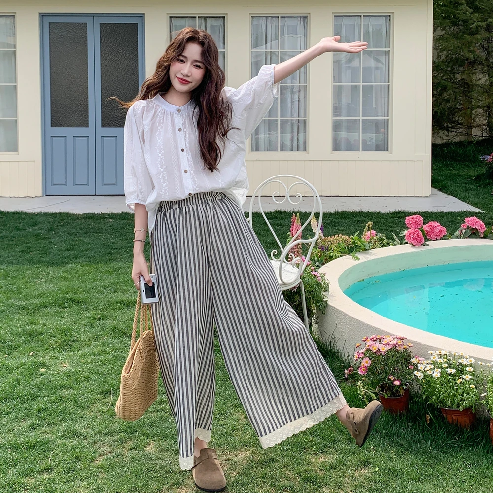 韩系刺绣衬衫套装女2025夏季新款慵懒风休闲百搭条纹阔腿裤两件套