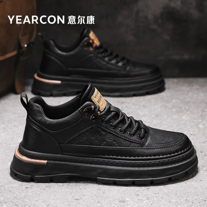 意尔康高档男鞋子春秋款黑色商务工装皮鞋男士厚底增高低帮马丁靴