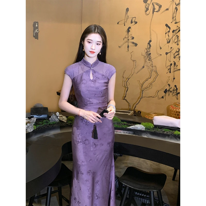 凌茜【星絮】国风新中式紫色暗纹提花拼接绣花裙温婉大气旗袍连衣裙