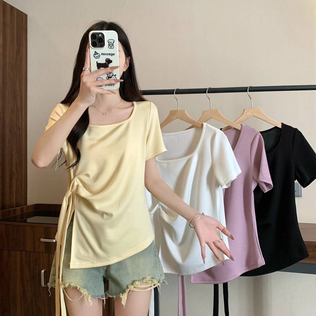 2025年大码女装新款设计感不规则绑定别致T恤上衣 3208