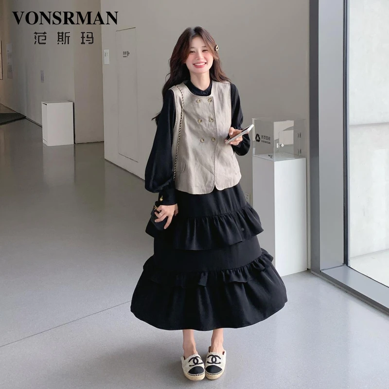 黑色长袖连衣裙两件套女2025秋季新款法式休闲马甲荷叶边长裙套装