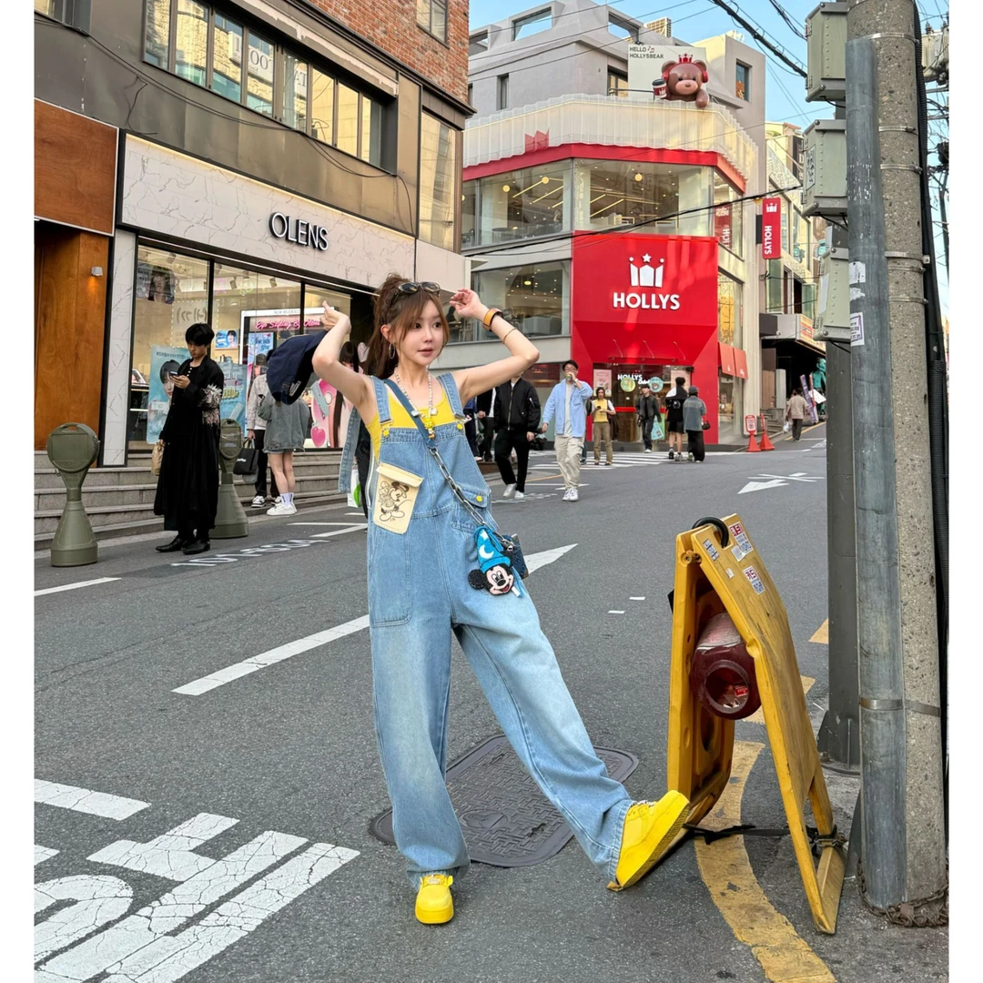 美式复古蓝印花卡通牛仔背带裤女夏季2025韩版减龄百搭直筒连体裤