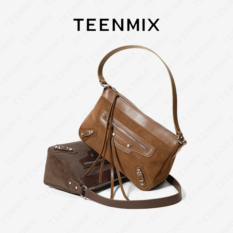 天美意女包2025新款流光风牛皮真hobo包大容量斜挎复古通勤单肩包