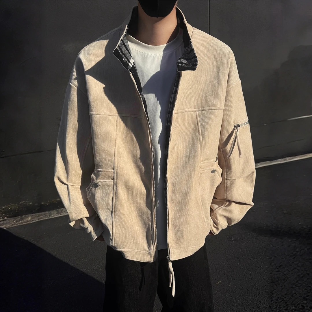 奥美普西比美式复古外套男灯芯绒拼接秋冬季百搭格子工装立领夹克